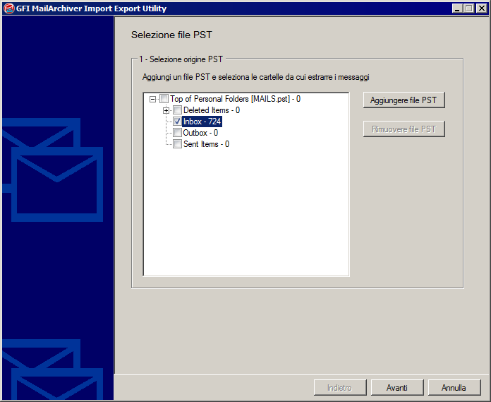 Schermata 96: File PST (cartelle personali) di Microsoft Outlook 3. Fare clic su Aggiungi file PST e selezionare un file PST da estrarre.