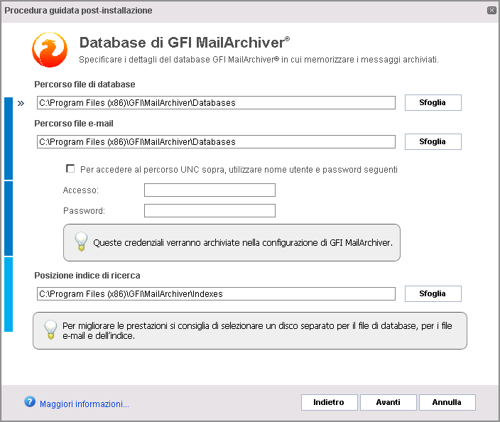 Schermata 5: Creazione magazzino archivio: Scelta percorsi 1. Selezionare i percorsi del file di database, del file e-mail e dell indice di ricerca da utilizzare per il database di GFI MailArchiver.