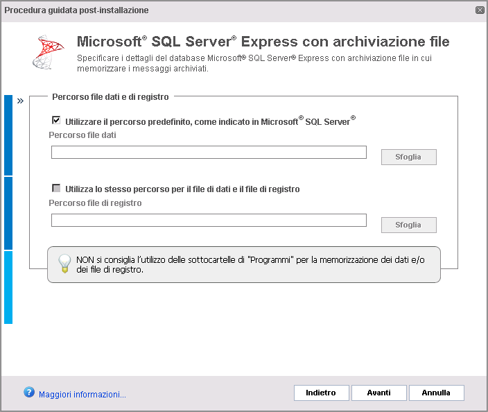 Tabella 19: Opzioni di autenticazione magazzino archivio OPZIONE Autenticazione integrata di Windows Autenticazione Microsoft SQL Server DESCRIZIONE Utilizza le credenziali di accesso dell utente