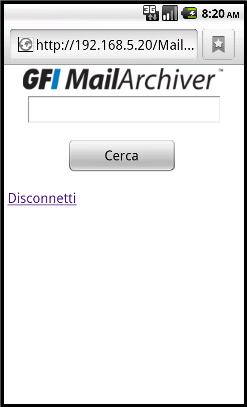 Schermata 18: GFI MailArchiver Home page di per smartphone L interfaccia utente mobile utilizza le medesime impostazioni di lingua configurate dall utente in GFI MailArchiver.