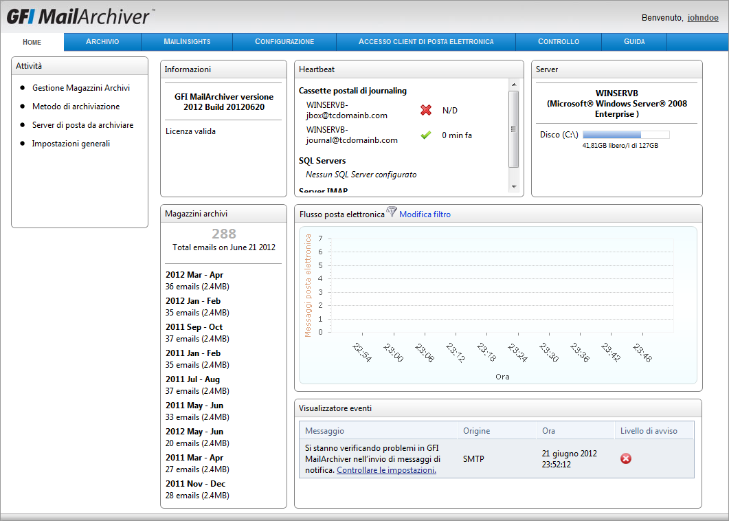 6 Monitoraggio delle operazioni di GFI MailArchiver 6.1 Introduzione Dalla scheda Home di GFI MailArchiver, è possibile monitorare con facilità l installazione di GFI MailArchiver.