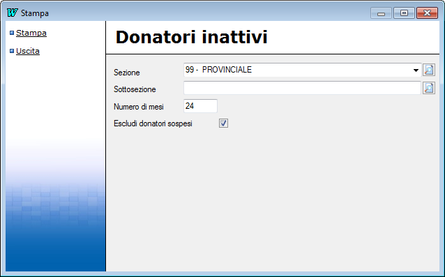 DONATORI CHE NON DONANO DA MESI Per stampare l elenco dei donatori che non donano da un po di tempo dal menù stampe selezionare donatori e infine non donano da mesi Apparirà una schermata dove si