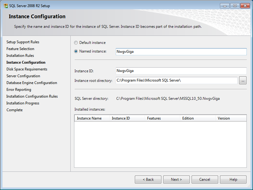 Installare un istanza con nome NwgvGiga, con Identificativo NwgvGiga e nel percorso di default. Premere Next.