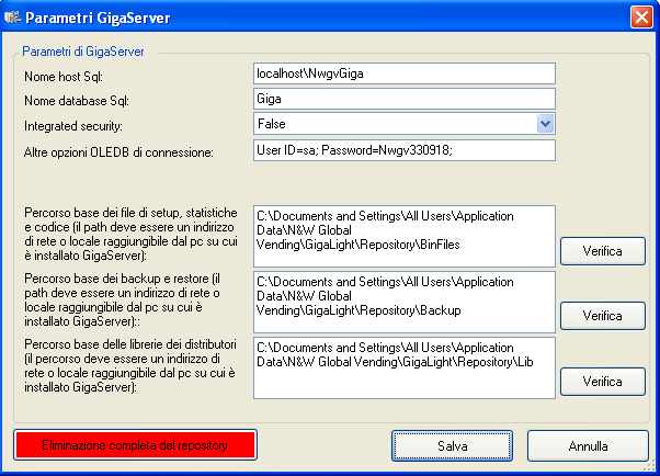 - i parametri OLEDB di connessione al database SQL Server utilizzato da Giga Server per memorizzare le informazioni associate ai file importati.