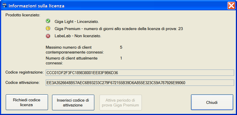 - accedere al pannello Amministrazione-> Licenza, compilare il modulo di Richiedi codice licenza specificando quale versione si desidera attivare (Giga Light + LabeLab oppure GigaLight + Giga Premium
