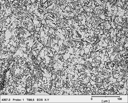 Ti6Al4V e CP Ti Micrografia ottica per Titanium CP2. Vista trasversale.