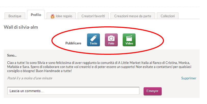 La sezione Profilo vi permette di scoprire la creatività condividendo quello che desiderate, aldilà delle vostre creazioni, il vostro universo, le vostre ispirazioni, la vostra storia, ecc.