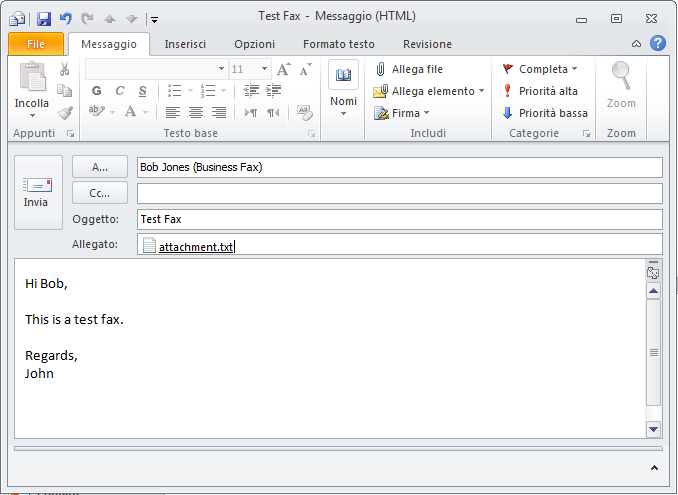Schermata 6: Invio di un fax da Microsoft Outlook Note importanti: 1. Questo metodo di trasmissione converte i fax nel formato fax (*.fax) sul server GFI FaxMaker.