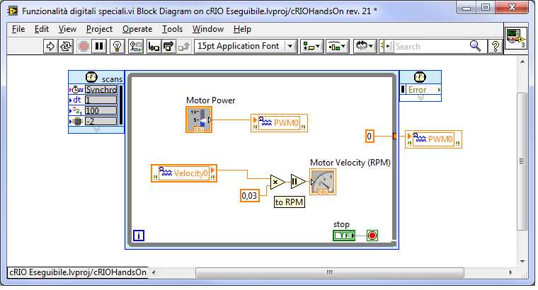 11. Trasciniamo la variabile di I/O Velocity0 nel diagramma a blocchi e la colleghiamo alla funzione di moltiplicazione. 12.