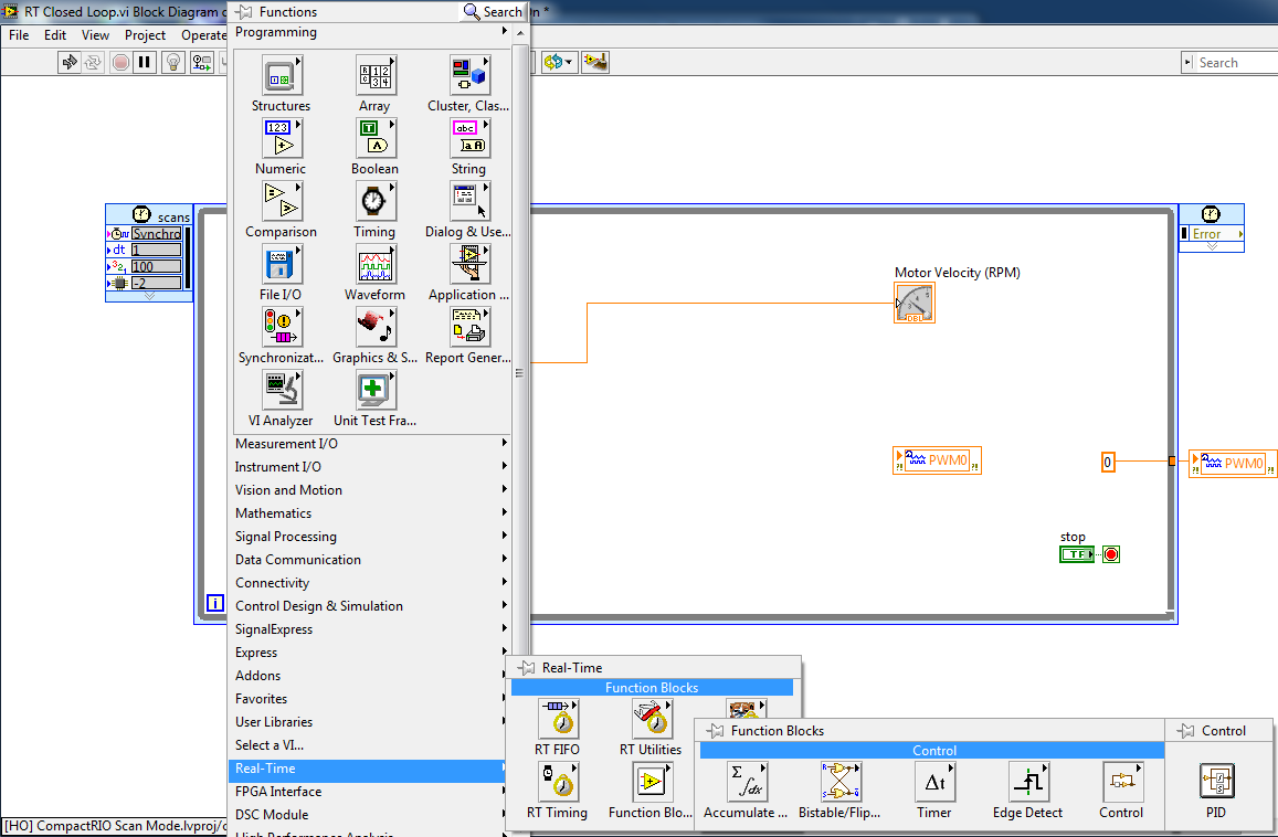 4. Dalla function palette del diagramma a blocchi richiamare il blocco funzionale PID, subvi che consentirà di chiudere l anello sul sistema servo motore.