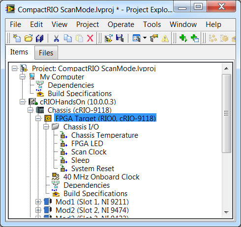 2. Tasto destro del mouse su Chassis»Properties e selezioniamo la configurazione LabVIEW FPGA Interface 3.