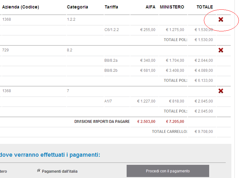 10.2 Eliminare POL Per eliminare il POL dal carrello è necessario selezionare la X di colore rosso in corrispondenza del POL da eliminare.