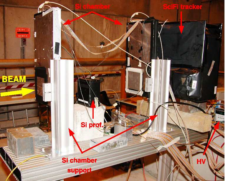 setup (si veda il testo per la spiegazione); (b) foto dei rivelatori durante