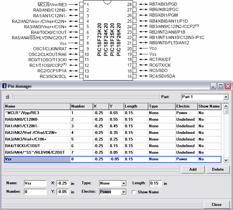 Dopo aver inserito i nomi dei pins specificate i tipi elettrici e spuntate Show Name per tutti i pins.