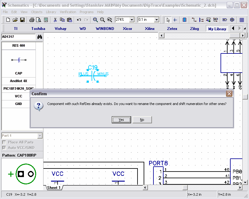 170 DipTrace Tutorial Il condensatore venne rinominato a C5 ed il vecchio C5 divenne C6 ecc. sino a C18<C19.