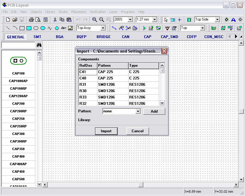 i patterns inclusi nella netlist (un attimo, prego). Quindi appare una finestra con una lista di componenti, i loro RefDes e i nomi dei pattern.