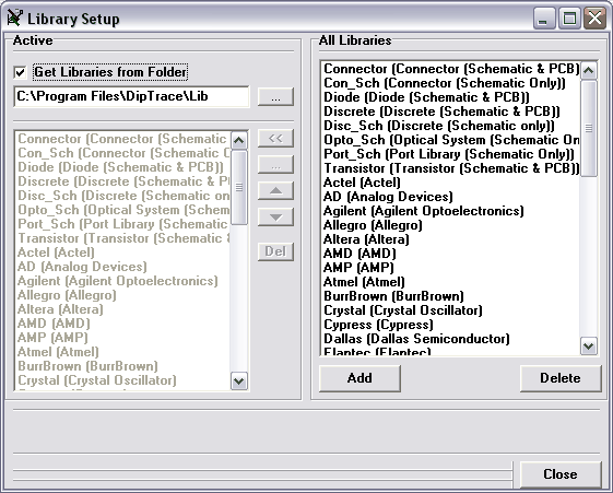 Andate a Library / Library Setup DipTrace ha due modi di mostrare le librerie sulla barra degli strumenti delle librerie: 1) prendere le librerie da una cartella specificata: Questo modo è attivo se