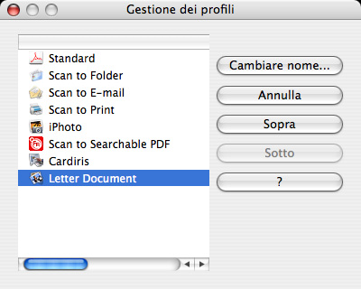 3. Selezionare un profilo dalla lista, e poi fare click su "Annulla". AVVISO Si può richiamare la finestra "Gestione dei profili" facendo click sull'icona ScanSnap Manager.