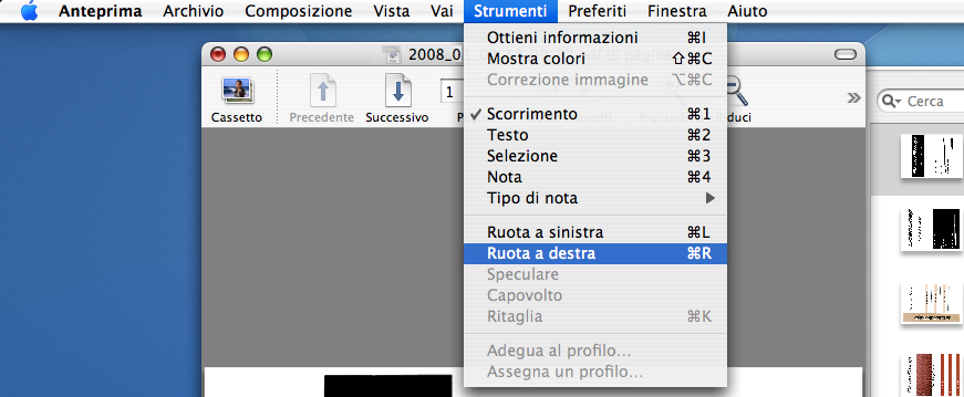 6.1 Usare ScanSnap Manager 2. Dalla barra del menu, selezionare "Ruota a sinistra" o "Ruota a destra". (1) Per Mac OS X v10.2 o v10.3, selezionare [Vista] [Ruota a Sinistra] o [Ruota a Destra].