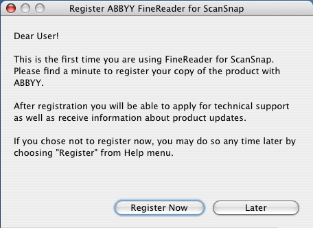 Compare la finestra "Register ABBYY FineReader for ScanSnap". Per la procedura di registrazione, consultare le istruzioni nella finestra.