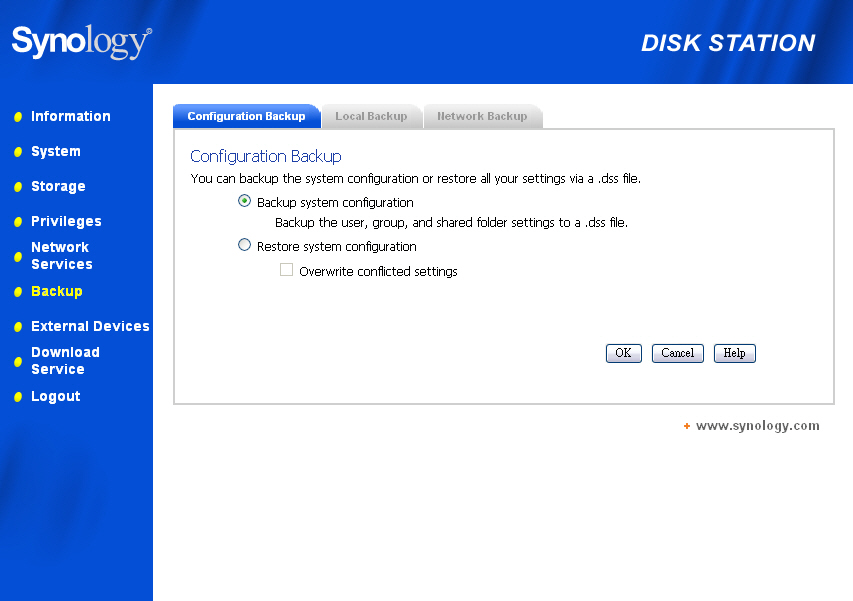 Synology Server su un PC Client Andare alla pagina Backup > Backup Configurazione dell Interfaccia Utente di Gestione Web per effettuare il backup delle impostazioni dal Synology Server ad un PC