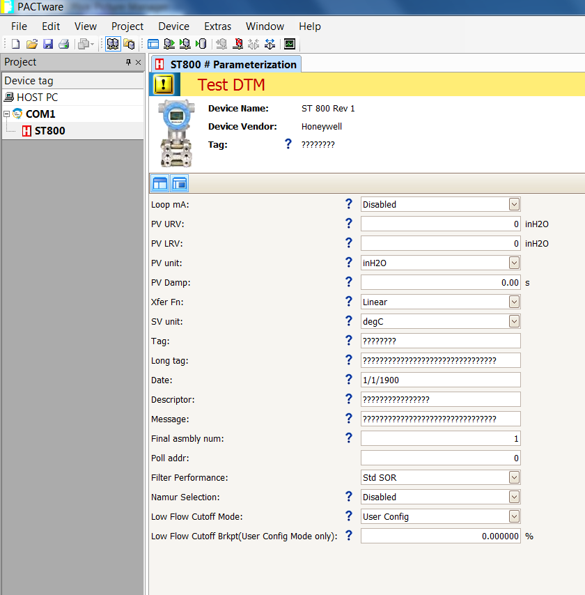 10.21 Parametrizzazione offline del trasmettitore ST 800 Selezionando Parameter (Parametro) > offline Parameterization (Parametrizzazione offline), viene visualizzata la pagina di configurazione.