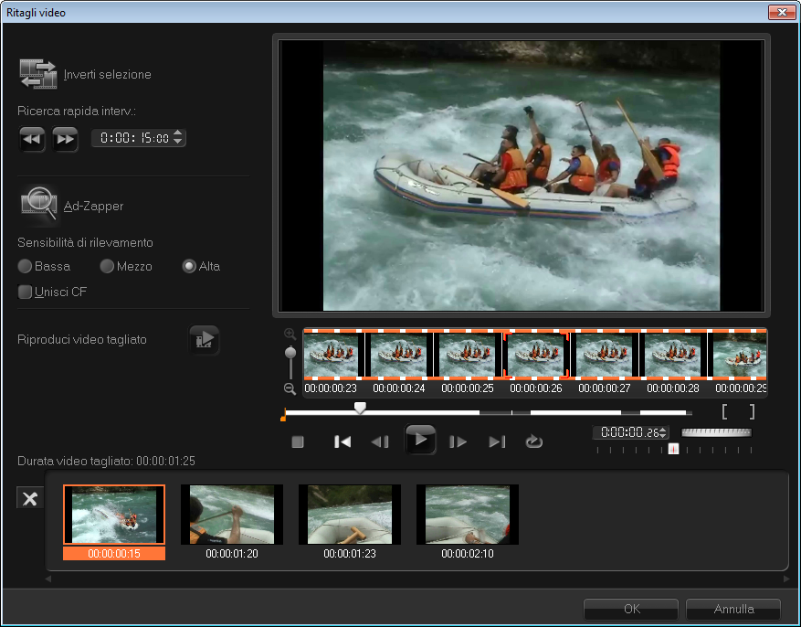 6 Fare clic su Scansione. Corel VideoStudio Pro effettua una scansione del file video e visualizza un elenco delle scene rilevate. È possibile unire in un unico clip alcune delle scene rilevate.