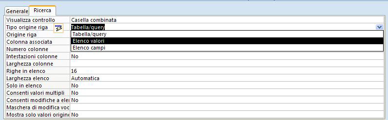 Nelle Proprietà del campo, nella sezione Ricerca, modificare Visualizza controllo in Casella combinata. 48. Modificare Tipo origine riga in Elenco valori 49.