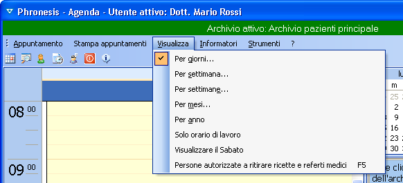 Questo menù contiene l accesso a due funzioni: o Nuovo appuntamento: funzione sempre attiva, permette l inserimento di un nuovo appuntamento o Esci: funzione sempre attiva, chiude la finestra dell