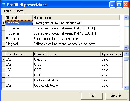 9.10.7 Profili esami Selezionando la voce di menu Strumenti, Profili esami compare la finestra di dialogo Profili di prescrizione ; utilizzare questa scheda per la creazione o la modifica dei profili