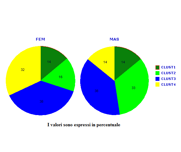 La distinzione del campione in gruppi definiti dal genere sessuale rivela che non è presente alcuna differenza per quanto riguarda il cluster 3 che presenta, anzi, lo stesso valore percentuale in