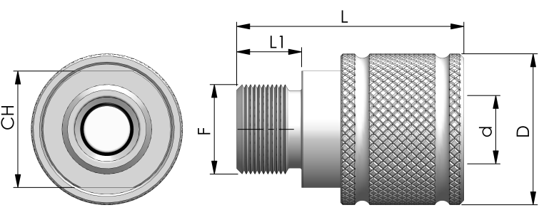 Raccordo Rapido Femmina con Filetto Maschio e Acqua Stop SERIE: ARTICOLO: D L L1 d F CH /AISI304 /AISI316 ACQ TRN-TMG12 35 52.