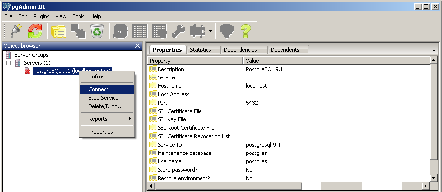 PostgreSQL PgAdmin III Cliccando con il tasto destro del mouse sulla connessione già configurata, PostgreSQL Database Server 9.
