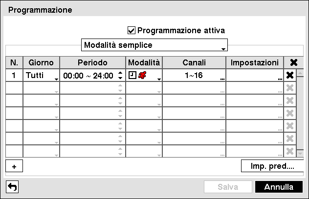 Videoregistratore digitale art. 49826 Programmazione Evidenziare Programmazione nel menu Registrazione e premere il pulsante Programmazione.