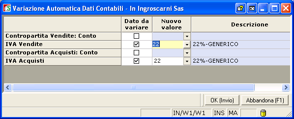 E possibile procedere manualmente ad uno ad uno oppure con una variazione automatica premendo il tasto F9 *** Procedere alla variazione sia del codice iva acquisti che il codice iva vendite.