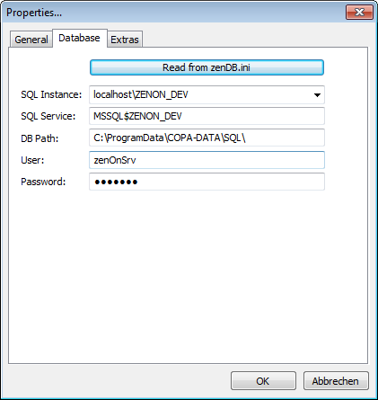 Read from zendb.ini Cliccando sul pulsante, il sistema legge le impostazioni del file zendb.ini e riempie automaticamente i campi SQL Instance, SQL Service, DB Path, User e Password.