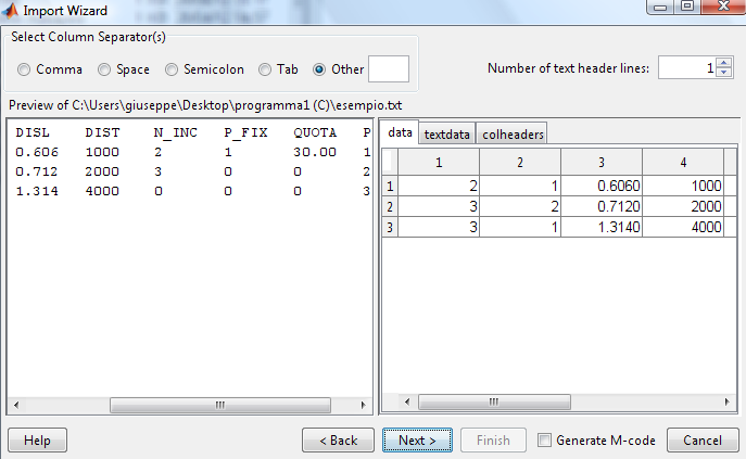 Il primo passo è quello della lettura del file. Si avvia MatLab, dopo di che si cerca nella Current Directory il file da cui si vogliono estrarre i dati (esempio.