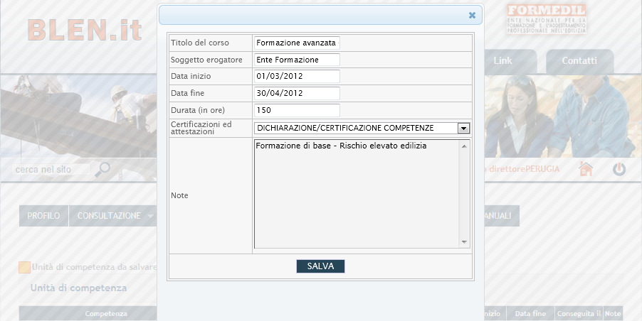 aperto un form per l inserimento dei dati relativi al