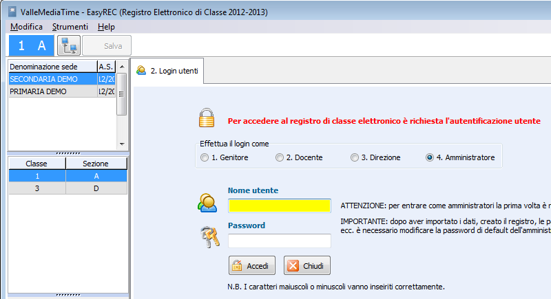 2. LOGIN UTENTI Dopo aver fatto click sul pulsante Attiva connessione... (se la connessione è riuscita) compare la scheda 2.