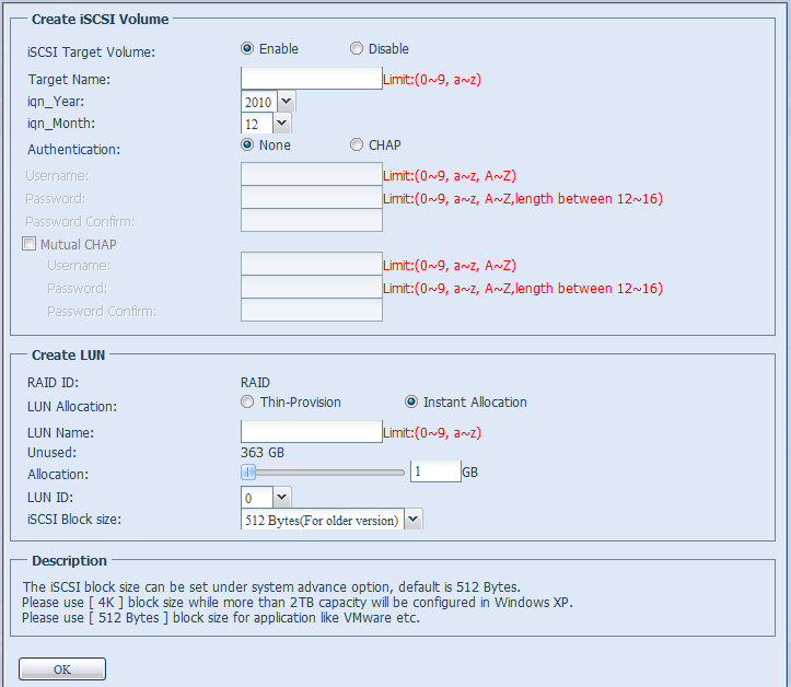 Create iscsi Volume (Crea volume iscsi) Elemento iscsi Target Volume (Volume target iscsi) Target Name (Nome target) iqn_year (iqn_anno) Iqn_Month (iqn_mese) Authentication (Autenticazione) Username