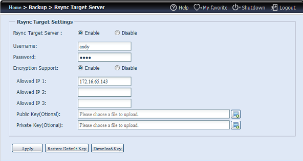 1. Abilitare Rsync Target Server (Server target Rsync) 2. Aggiungere username (nome utente) e password (possono essere diversi da nome utente e password del NAS) 3.