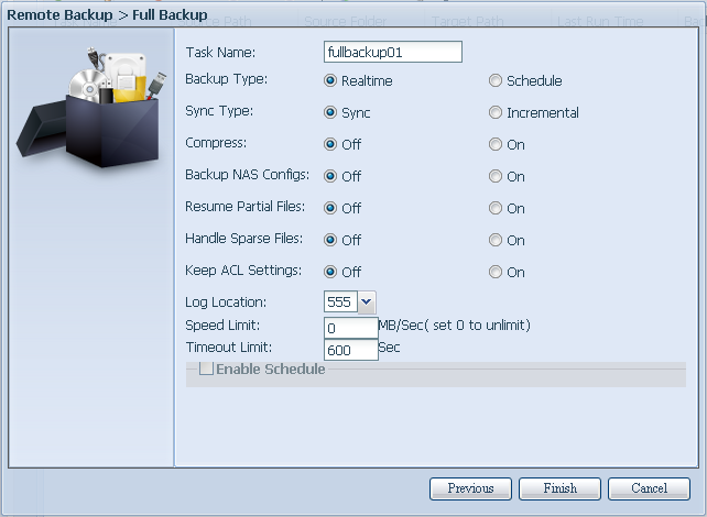 -Immettere tutti i dettagli necessari e selezionare i parametri Add Rsync Backup Task (Aggiunta di attività di backup Rsync) Elemento Descrizione Task Name (Nome Questo è il modo in cui questa