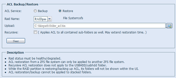 Una volta immesso il file di backup ACL e fatto clic sul tasto Next (Avanti), il sistema visualizza la schermata in cui vengono elencate le cartelle corrispondenti tra il file di backup e questo