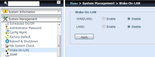 Dal menu, selezionare la voce WOL per far apparire la schermata Wake-On-LAN (Modalità di attivazione LAN). Da qui, è possibile selezionare Enable (Abilita) o Disable (Disabilita).