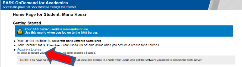 Sas OnDemand for Academics Ciascun studente prenda nota della propria SAS Server Userid generata.