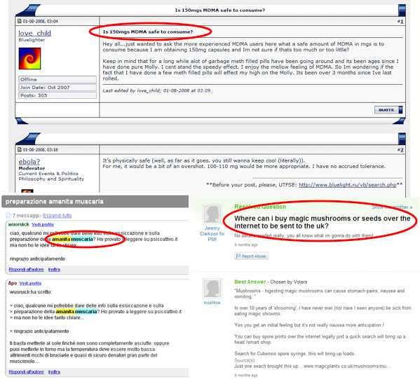 La rappresentazione della cannabis su Internet Figura 3 - Esempi di spazi di espressione individuale in cui gli utenti si scambiano informazioni su dove acquistare sostanze stupefacenti, come