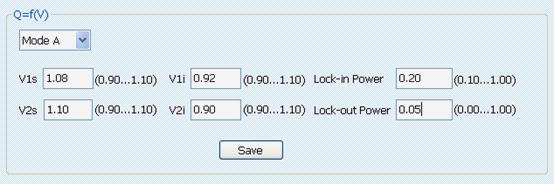 Autotest e impostazioni per la CEI-021 Punto D: Q=f(V). Nell immagine seguente, i parametri visualizzati sono i valori di default per V 1s, V 2s, V 1i e V 2i.