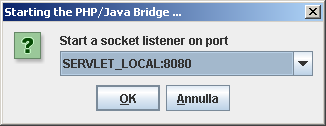 Esecuzione Standalone Esecuzione del server JavaBridge java -jar JavaBridge.jar Jan 23 01:23:05 VMBridge INFO : VM : 1.6.0_11@http://java.sun.com/ Jan 23 01:23:05 VMBridge INFO : VMBridge version : 5.