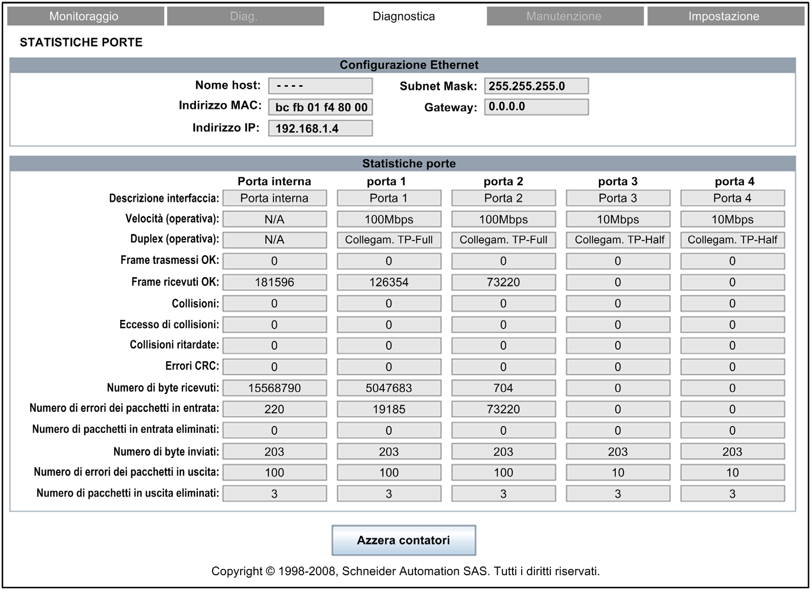 Pagine Web integrate Statistiche porta Introduzione La pagina Statistiche porte visualizza i seguenti dati riferiti al modulo di comunicazione Ethernet BMX NOC 0401: dati di configurazione di
