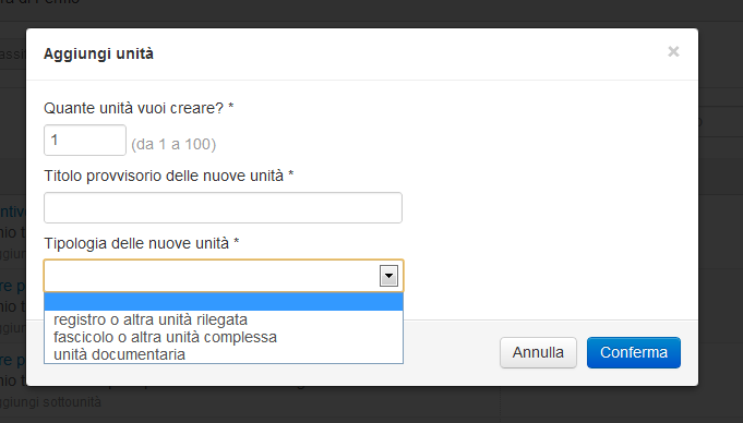 52 Il comando + Nuova scheda attiva una nuova scheda di unità archivistica, si veda la sezione 6.1 Le unità nel formato scheda.